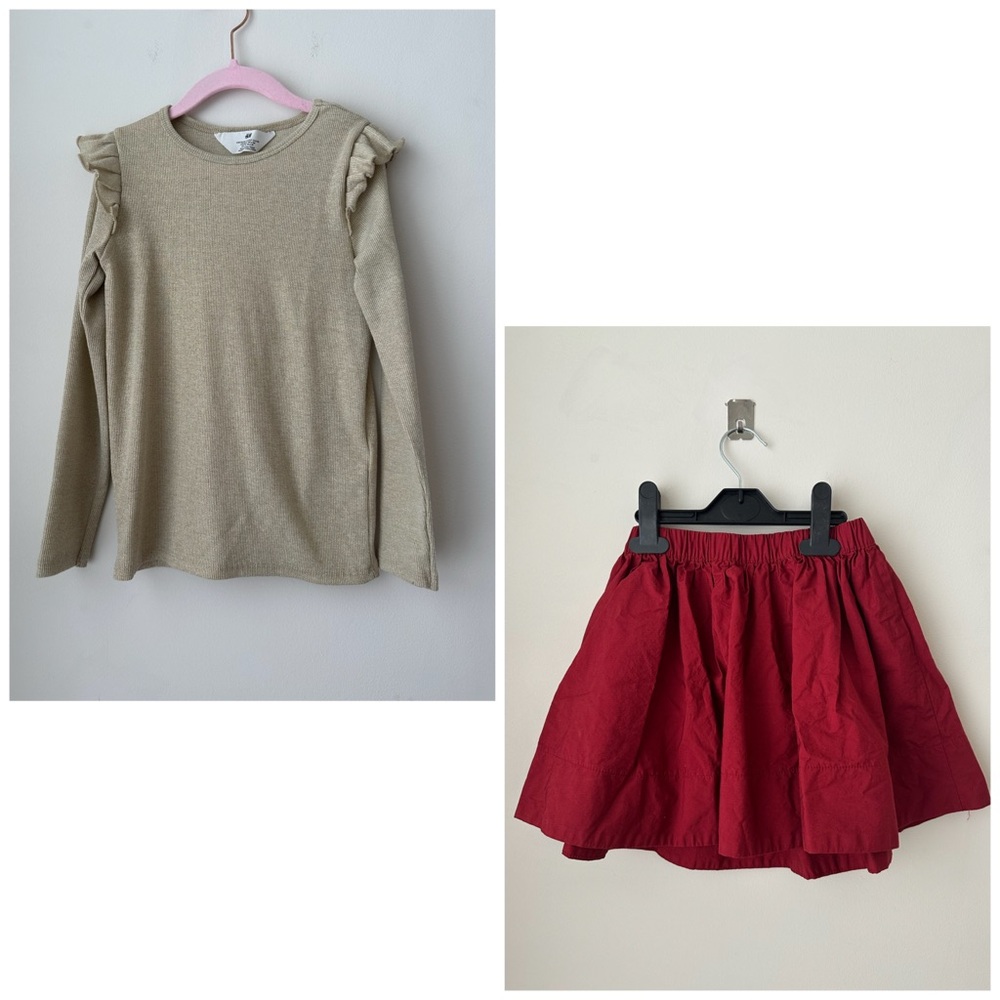 Girls H&M Ruffle Sleeve Top and Red Skirt Set